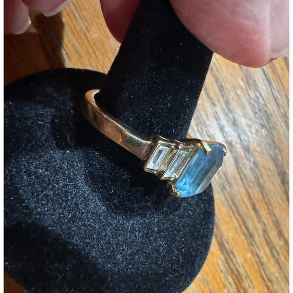 Art Deco Aquamarine 18K GP Gold Electroplate Cocktail Ring 9.5 - Picture 3 of 7